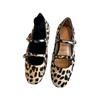 Sheepskin Version~ Niche Hollow Mary Jane Single Shoes Leather Retro Round Head Leopard Print Light Mouth Flat Bottom Ballet Shoes Women