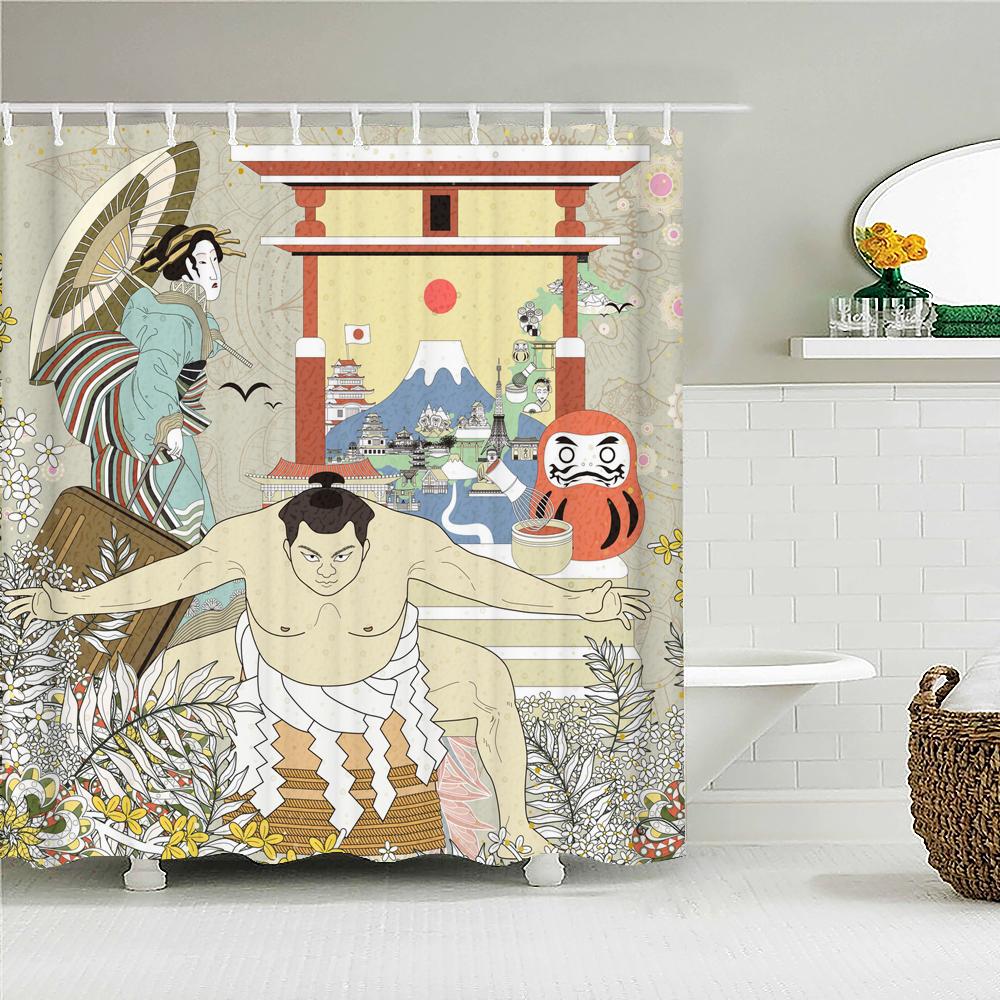 Waterproof Polyester Fabric Shower Curtain Japanese-style Waves Samurai Landscape 3d Printing Bathroom Decor Shower Curtains