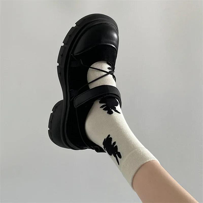 Fashion Round Toe HOOk&LOOP Mary Janes Women Shoes Non-Slip Thick Bottom Ladies Shoes Retro Height Increasing Casual