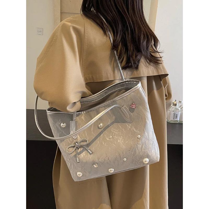 Pu Leather Large Capacity Women's Handbags Sweet Bow Pearl Decorati Ladies Shoulder Bag Portable Solid Color Female Tote Bag