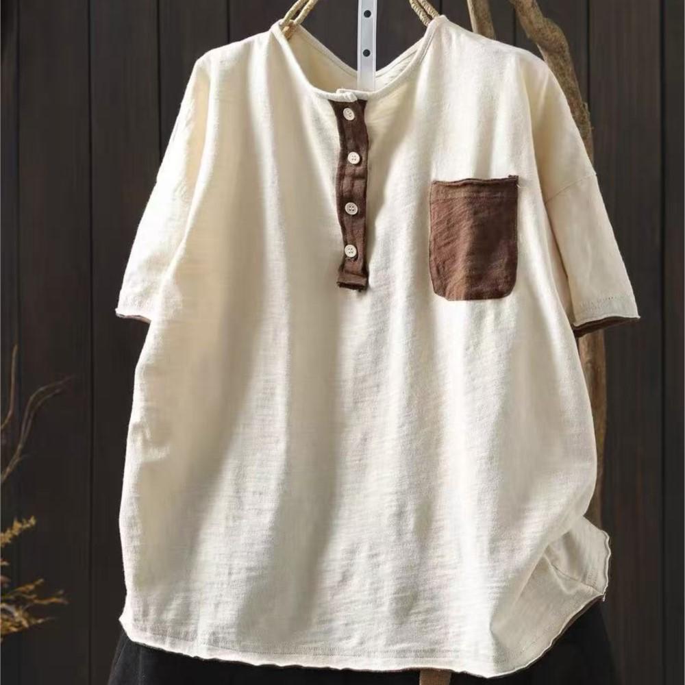 Johnature Women Vintage T-shirts Summer Chinese Style O-Neck Short Sleeve Pockets Solid Color Female T-Shirts