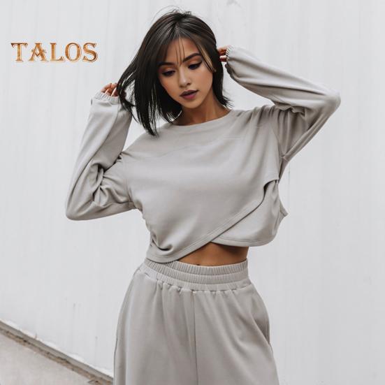 2 stk/sett Dame Topp Buksesett Rund Hals Langermet Uregelmessig Krysskant Genser Ensfarget Elastisk Høy midje Vide ben Bukser Sport Fitness