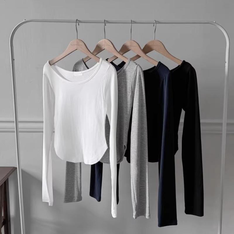 Fashion Long Sleeve Round Neck Casual T-shirt Women Elegant Spring and Winter Slim Fit Woman Tshirts Solid Base Thin Office Ladies Crop Tee Tops 26003