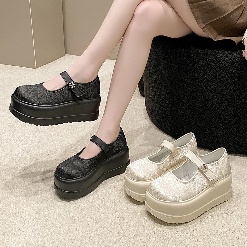 Pantofi Mary Janes de lux cu platformă brodați și imprimați pentru femei 2025 Noi cu vârf rotund mare, curea cu cataramă, confortabili, cu talpă groasă