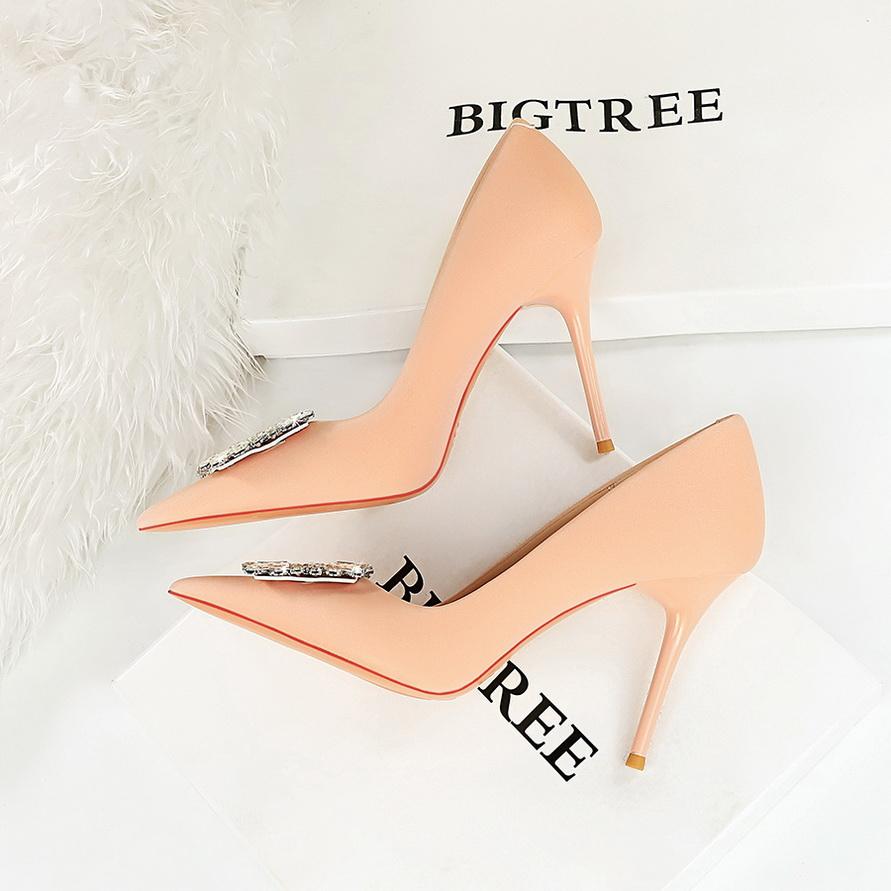 Módní banketové vysoké podpatky dámské jednoduché boty s mělkými ústy špičatými vodami s diamantovým knoflíkem