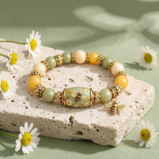 Bluebird Blessings Bracelet, Inspirational Hummingbird Strength Beaded Bracelet, Green Beads Cherry Blossoms Inspirational Jewelry for Women Spring