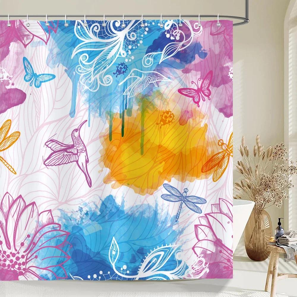 

Watercolor Bird Pattern Shower Curtain, Bathroom Decor Flowers Printing Waterproof Fabric Shower Curtians With Hooksin W60H190(CM)-1 Pcs