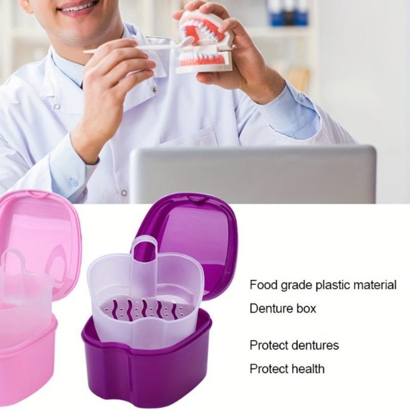 Portable Denture Case - Double Layer Storage Box with Drainage Holes & Cleaning Net, Travel-Friendly Brace/Keeper Container