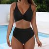 2 Adet/Set Kadın Ayrık Bikini Derin V Yaka Ön Bükümlü Tasarım Sütyen Yüksek Bel Külot Seti Hızlı Kuruyan Esnek Kumaş Tatil Mayo