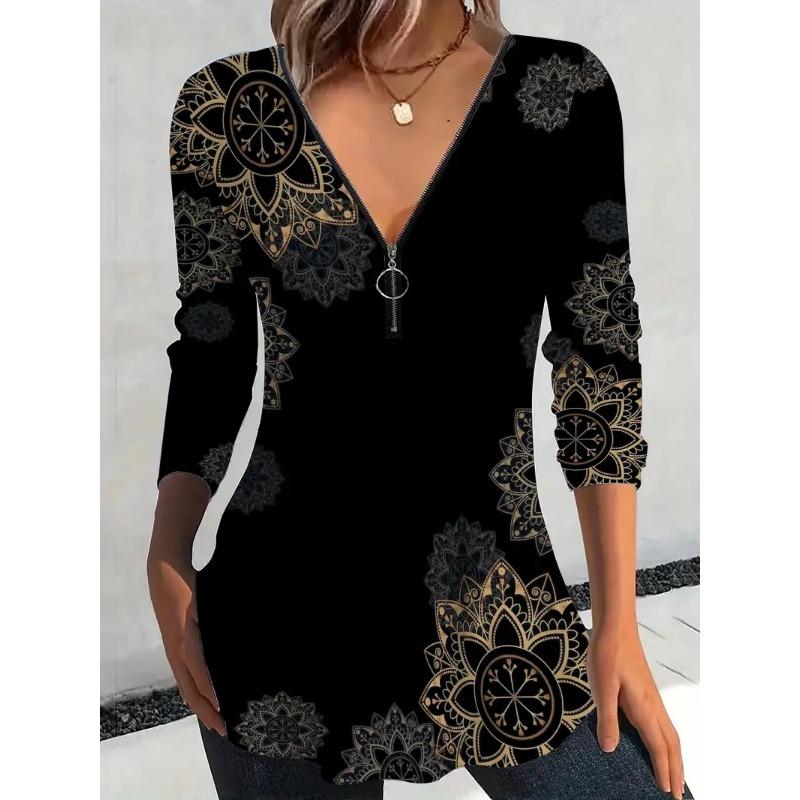 Elegant and Casual Spring and Autumn V-neck Zipper Floral Printed Long-sleeved Women's T-shirts