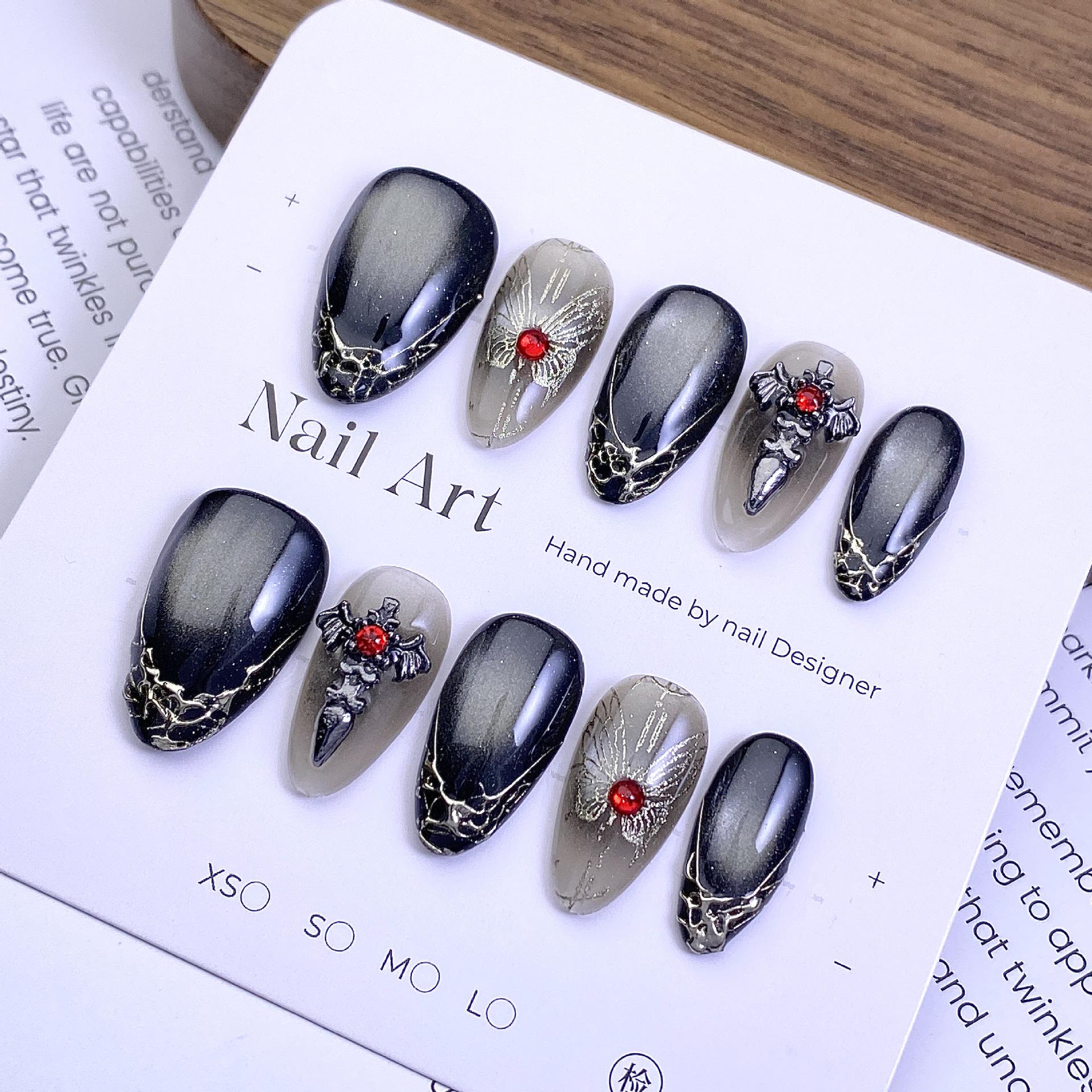 Dark Style Cat Eye Almond Press-on Nails with 3D Metal & Red Diamond Decorations Large