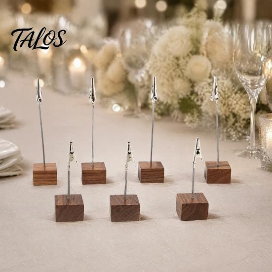 Wooden Bill Fork Cube Memo Clip Stand, Note Display Solid Wood Square Base Office Document Stand Card Holder, Vertical Receipt Holder for Wedding