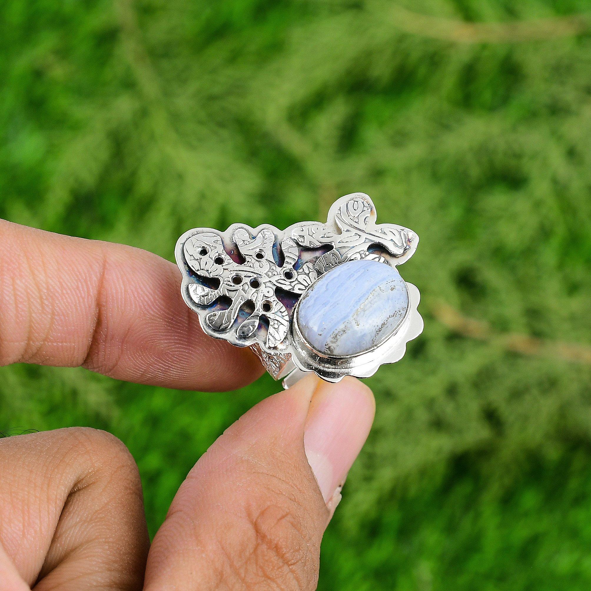 

Mothers day Deal 925 Silver Oval Natural Blue Lace Agate Solitaire Ring Jewelry Adjustable