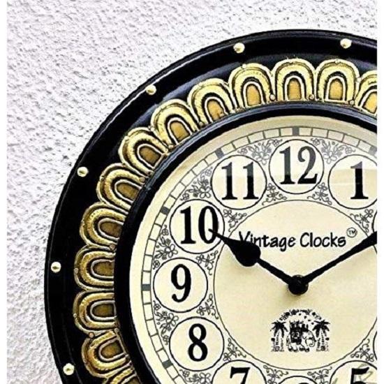 Wooden Hand-Crafted Brass Inlay Analog Clock (Black, 12x12 Inches, 30 cm)