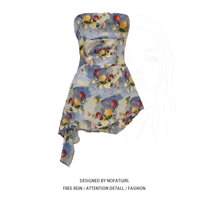 

Plus Size Chubby Girl French Retro Oil Painting Tube Top Female Summer New Arrival Silm Irregular Design Sweet Sexy Tops Colorful Top M