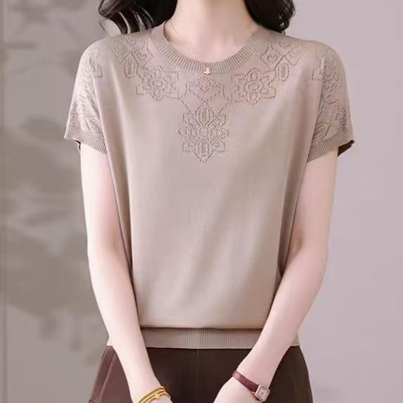 Rundhals Dünnes Lockeres Kurzarm-T-Shirt Damen Eisseide Strickpullover