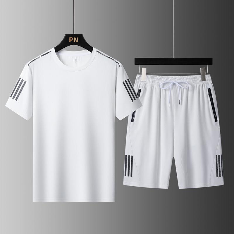 Summer Three Bars Men's Ice Silk Round Neck Short Sleeved Shorts Set Quick Drying Sports Running Set Men's