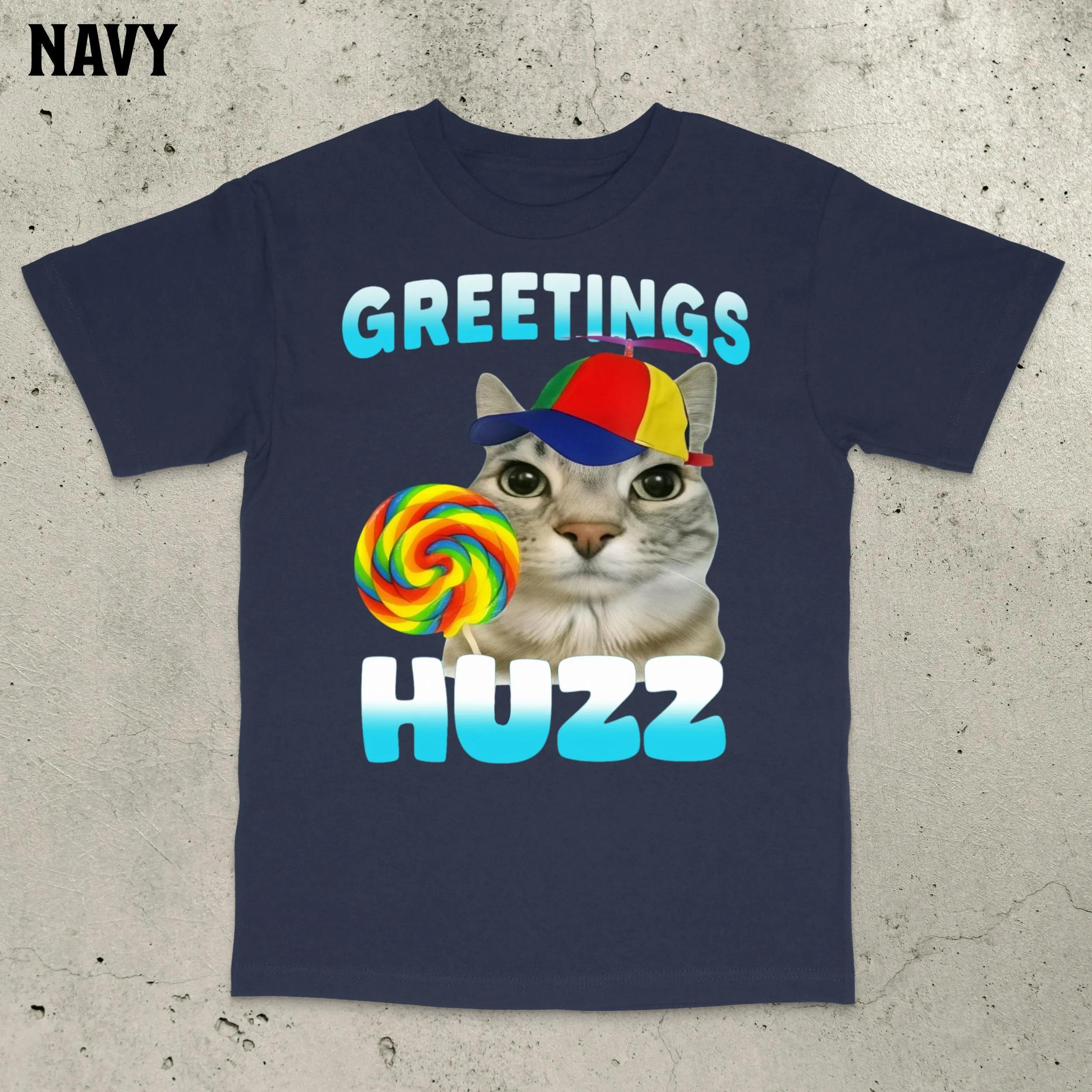 Greetings Huzz Funny Cat T-Shirt Cat Meme Dumb Meme Shirt Stupid Meme Shirt Cursed Cat Shirt Gen Z Meme Shirt Men Clothing S