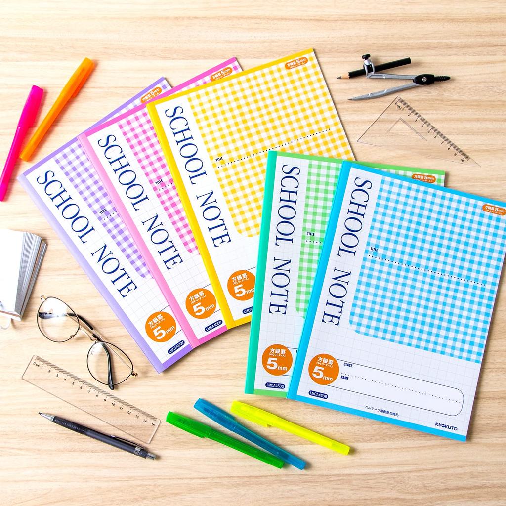 Kyokuto School Notebook, 5mm Grid, Semi-A4, LMCA45GG, Green Check, 10 Books