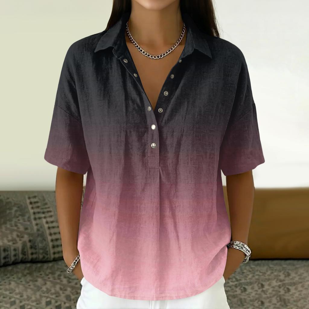 Women Loose Fit Short Sleeve Polo Shirt Vintage Floral Print Button Down Collar Linen Blend Casual Top