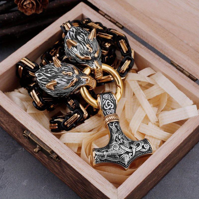 Collar Colgante Amuleto Cabeza de Lobo Nórdico Vikingo Martillo Retro para Hombre