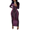 Women Spring Fall Party Dress Slim Fit Striped Print Maxi Dress Skinny Sheath Long Sleeve Elastic Round Neck Soft Thin Ankle Length Lady Dress