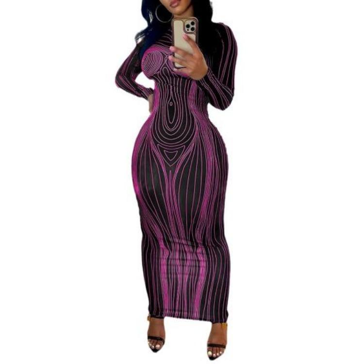 Women Spring Fall Party Dress Slim Fit Striped Print Maxi Dress Skinny Sheath Long Sleeve Elastic Round Neck Soft Thin Ankle Length Lady Dress