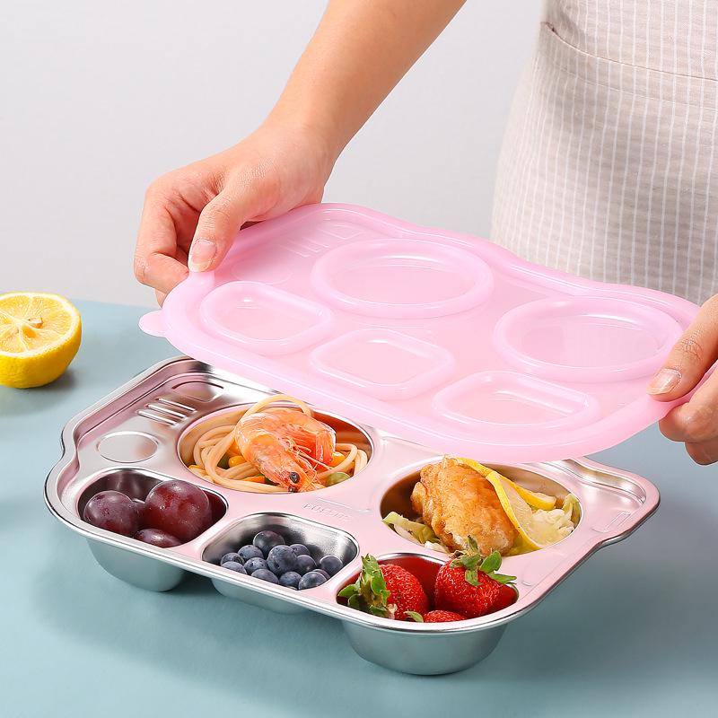 Creative 304 Stainless Steel Children's Divided Plate - Cartoon Anti-fall Design for Kindergarten and Baby Tableware.