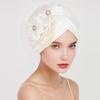 Women Headscarf Hat Imitation Pearls Flower Decor Turban Hat Solid Color Stretchable Fit Headband Sleep Hat