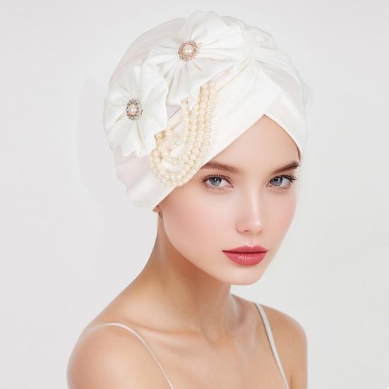 Women Headscarf Hat Imitation Pearls Flower Decor Turban Hat Solid Color Stretchable Fit Headband Sleep Hat