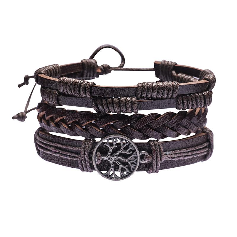 Cross-border E-commerce Exclusive Vintage Multi-layer Braided Strands Men's Cowhide Genuine Leather Alloy Tree Life Bracelet