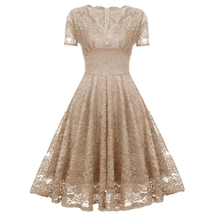 

Bright Deer Women s Lace Cocktail Dress V Neck Short Sleeve Fitted Waist Midi Prom Bridesmaid Wedding Guest Party Evening Occasion Outfit S