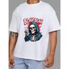 Rundhals T-Shirt Weiß Totenkopf Sensenmann mit Blah Blah Text Grafikdesign Lässige Streetwear für Männer und Frauen