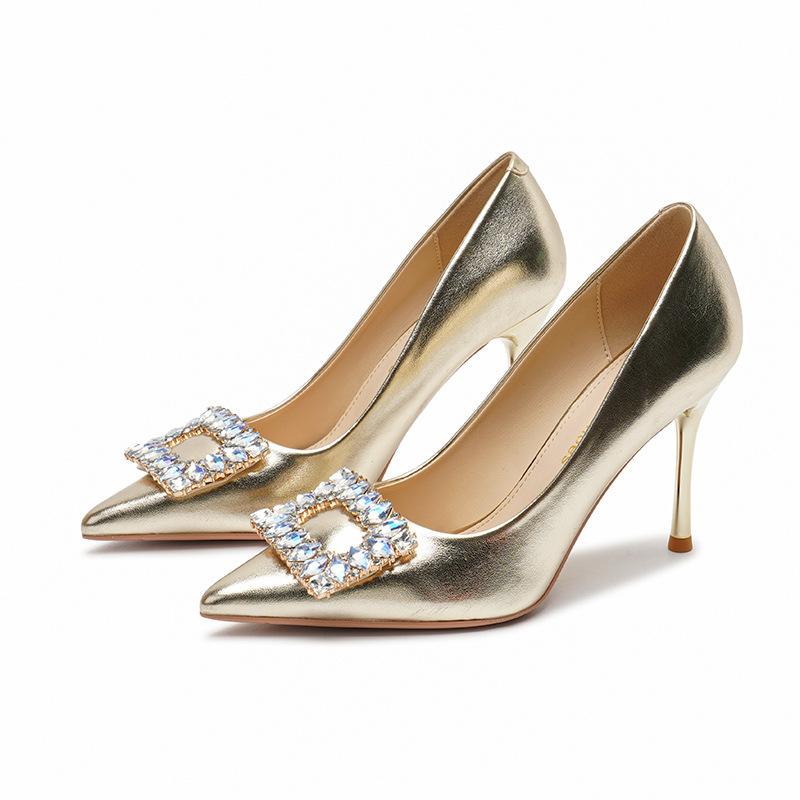 New Pointy Thin Heel High-heeled Shoes Women's Rhinestone Square Buckle Fairy Style Celebrity Commuting Shoes