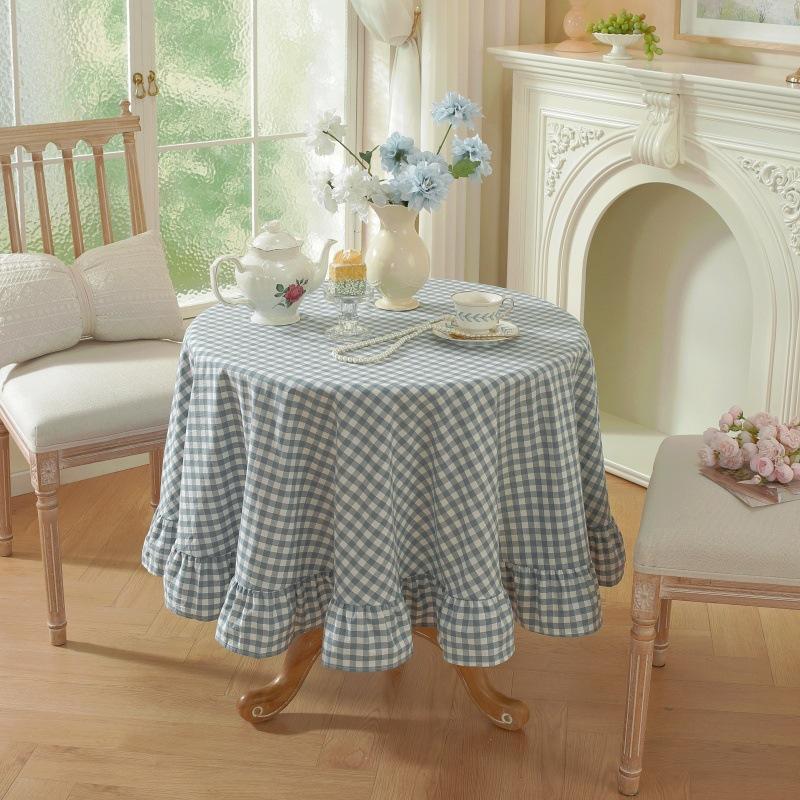 

Washed Cotton Plaid Tablecloth with Ruffle Edges Blue Round and Rectangular Table Cloth Cover for Home Kitchen Dining Decor 90x90CM