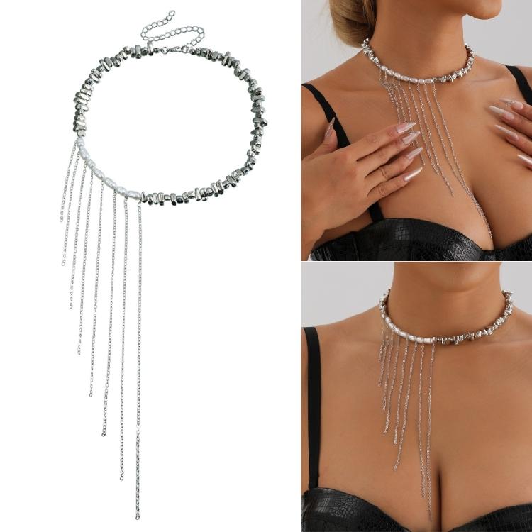 Irregular Bead Necklace with Multiple Tassels Adjustable Collarbone Chain Statement Choker for Fashion Enthusiasts