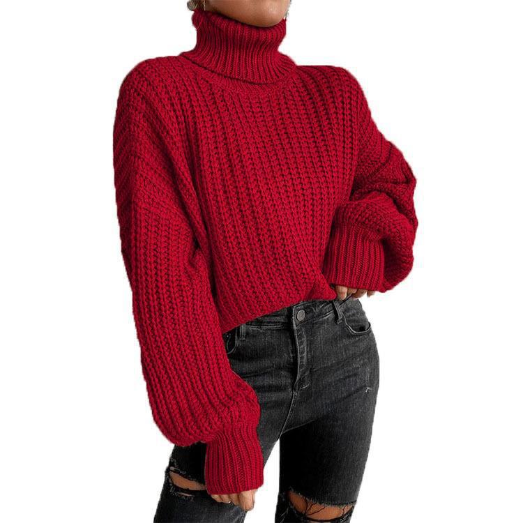 Damen Herbst/Winter Rollkragen Locker Gestrickter Pullover, Langarm Einfarbig Mode Pullover
