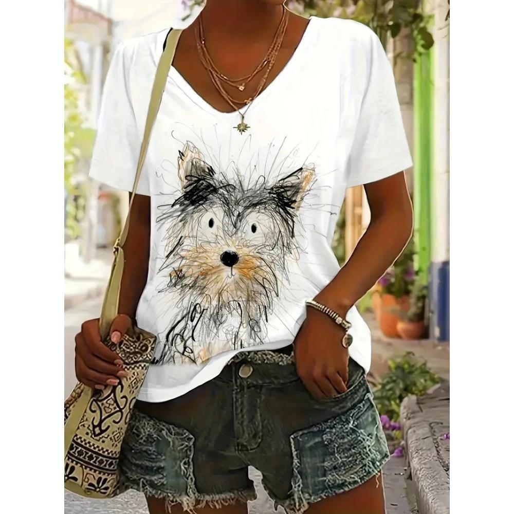 Trendy Summer Cartoon Animal Printing Casual Fashion Short Sleeve Street V-neck Women's OverSize Clothing