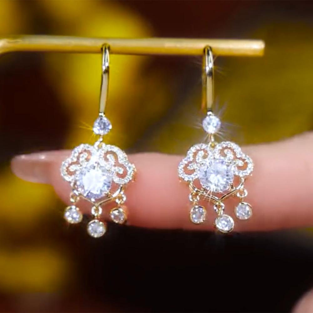 Lucky lock zircon fringed ear hook light luxury high-end earrings fashionable exquisite personalized earrings women