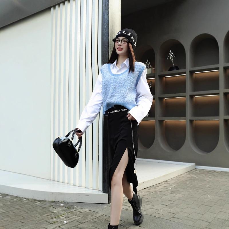 Soft Waxy Skin-friendly Alpaca Wool Blended Neck Knitted Sweater Women's Autumn New Sweater, Thin Stacked Vest