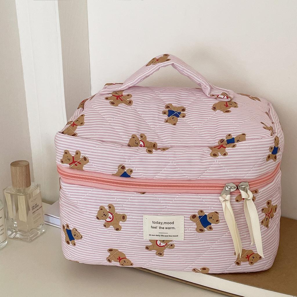 Blue Striped Teddy Bear Makeup Bag Cartoon Girl Heart Portable Large Capacity Quilted Toiletry Storage Bag for Going Out