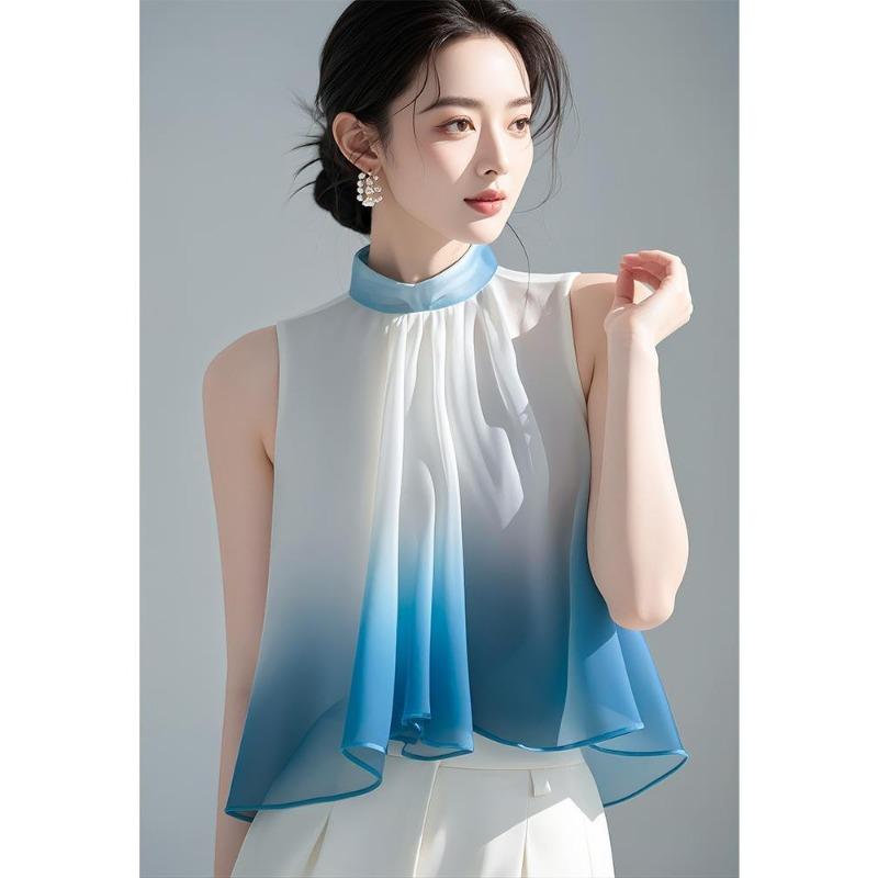 Unique Gradient Blouse Women Elegant French Sleeveless Chiffon Shirt Stylish Casual Summer Top