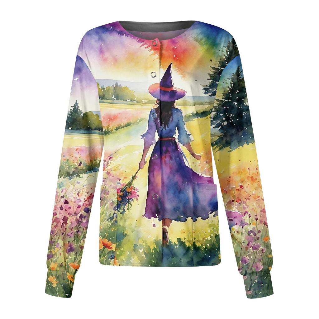 Women's Halloween Printed Long Sleeve Single Breasted Cardigan Top for Costume Party