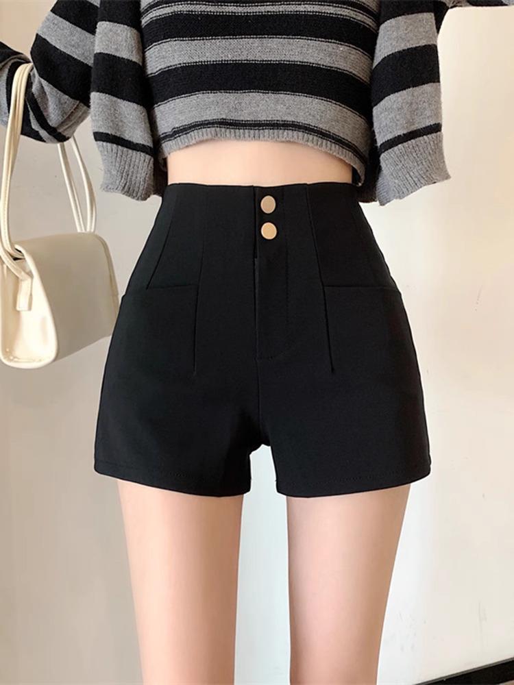 Women's High Waist Black Velvet A-Line Shorts with Elastic Slim Fit for Autumn