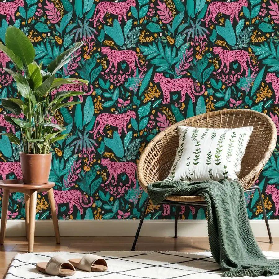 Leopard Tropical Leaves Bright Wallpaper 22.83"X118" Waterproof Wallpaper for Living Room/Bedroom/Bathroom PVC Wall Sticker