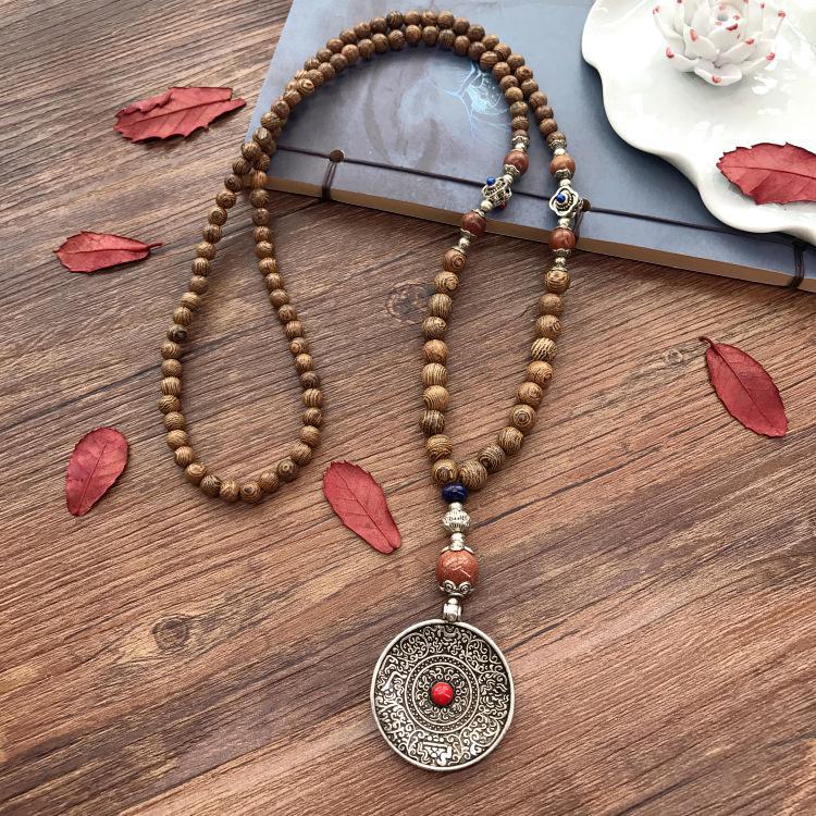 Colier lung etnic retro nepalez cu aripi de pui din lemn și margele Bodhi - Accesoriu de modă unisex