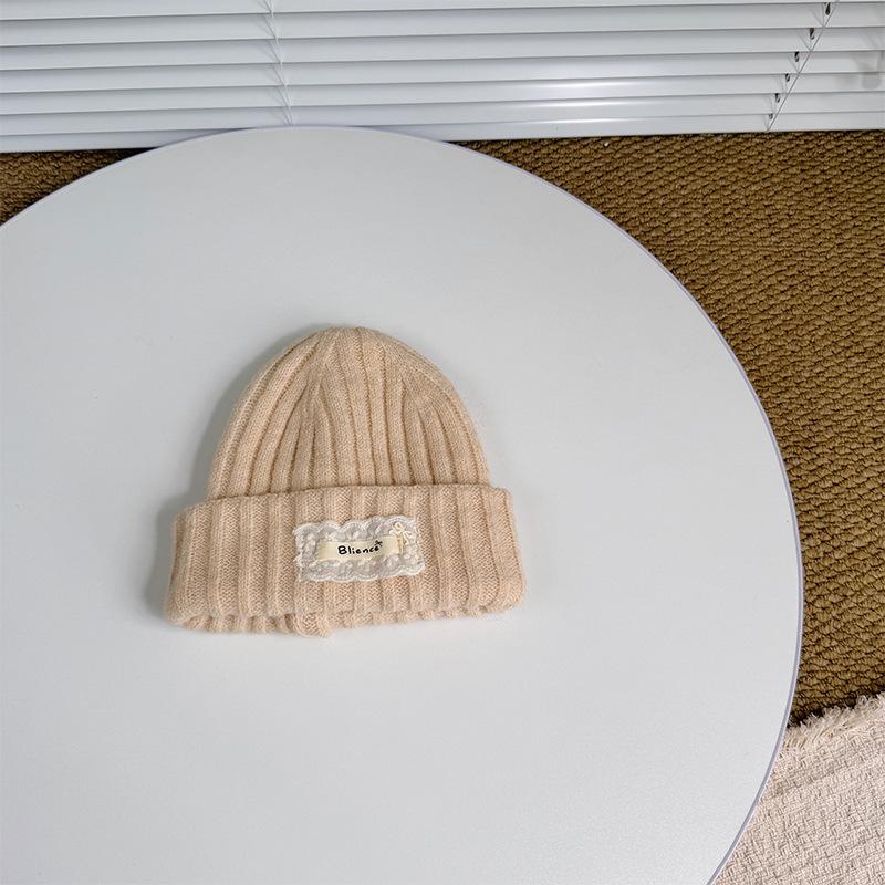 Children's Knitted Hat Lace Cloth Label English Embroidery Wool Beanie Autumn and Winter Warm Thickened Baby Ear Protection Hat