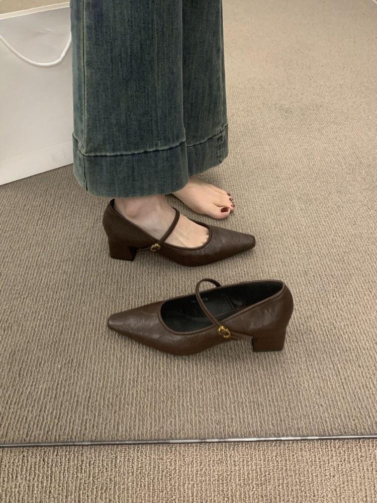 

Универсальные туфли Мэри Джейн на толстом каблуке с ремешком-пряжкой из одного слова женская обувь для通勤 на высоком каблуке одинарные туфли 39 коричневый