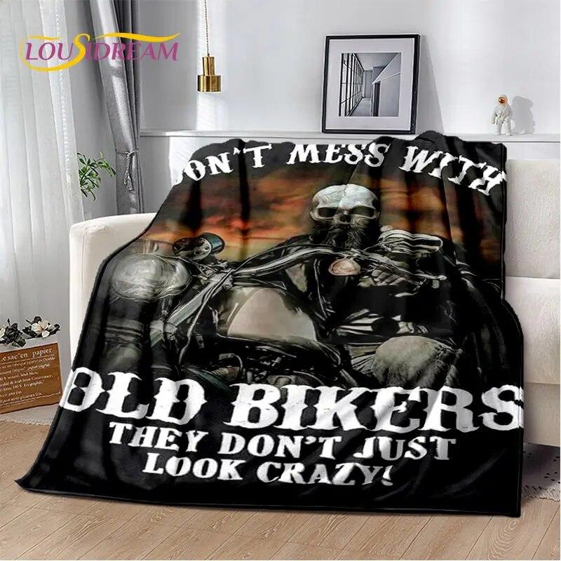 Pătură de pluș moale cu craniu de motocicletă retro, vintage, pătură de flanel, pătură pentru sufragerie, dormitor, pat, canapea, husă de picnic