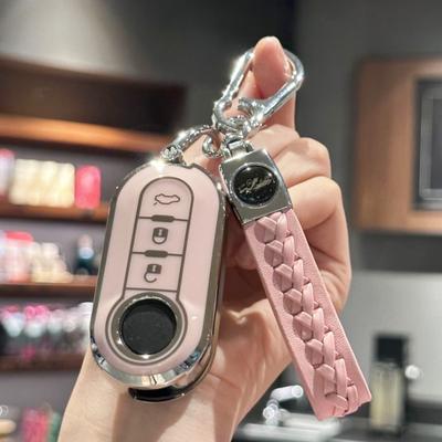 Girly Key Fob Cover with Keychain for Fiat 500 Key Cover Boyue Bravo Iveco Olsen Car Key Remote Protection Case, Pink